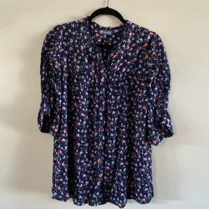 Democracy Navy Floral Peasant Blouse with Coral and Mint Accents